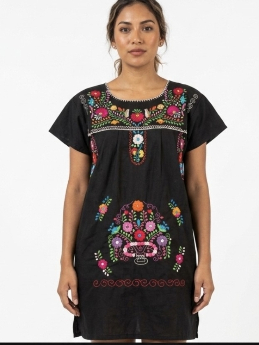 Mexican Traditional Black Artesanal Embroidered Floral dress - Women Size 8